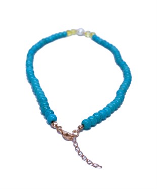 Turkuaz İnci Taşlı Gümüş Zincirli Limon Rengi Kehribar Kolye