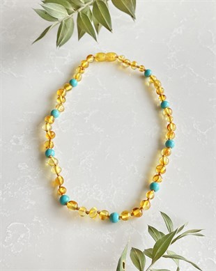 Turkuaz Taşlı Bal Rengi Kehribar Kolye