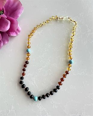 Turkuaz Taşlı Gökkuşağı Rengi Kehribar Kolye