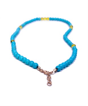 Turkuaz Taşlı Gümüş Zincirli Bal Rengi Kehribar Kolye