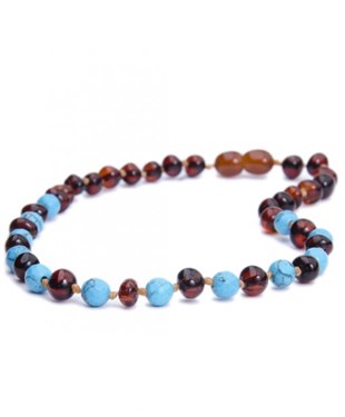 Turkuaz Taşlı Karamel Rengi Anne Kehribar Kolyesi