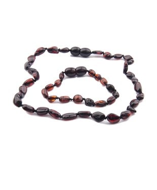 Yassı Vişne Rengi Kehribar Kolye ve Kehribar Bileklik Seti