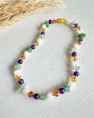 Yeni Ametist Quartz Aventurin Taşlı Bal Rengi Kehribar Kolye