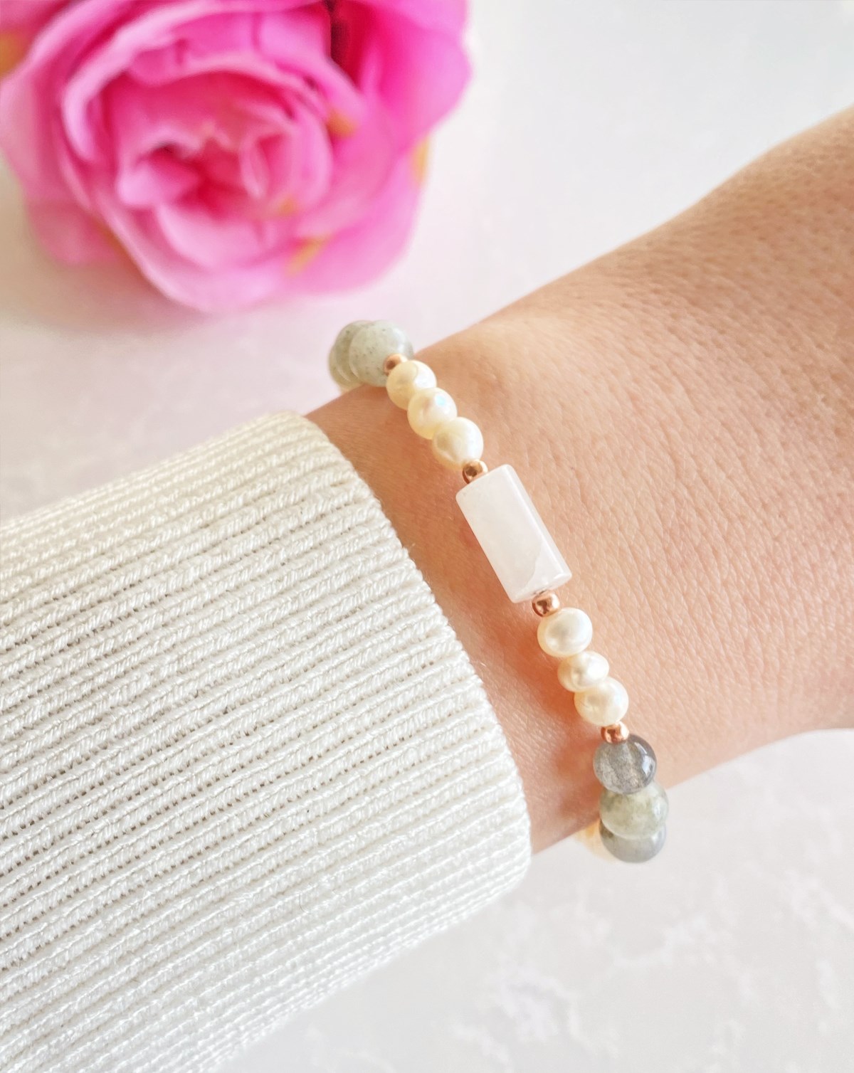 925 Ayar Gümüş İnci Quartz Labradorit Taşlı Doğal Taş Bileklik