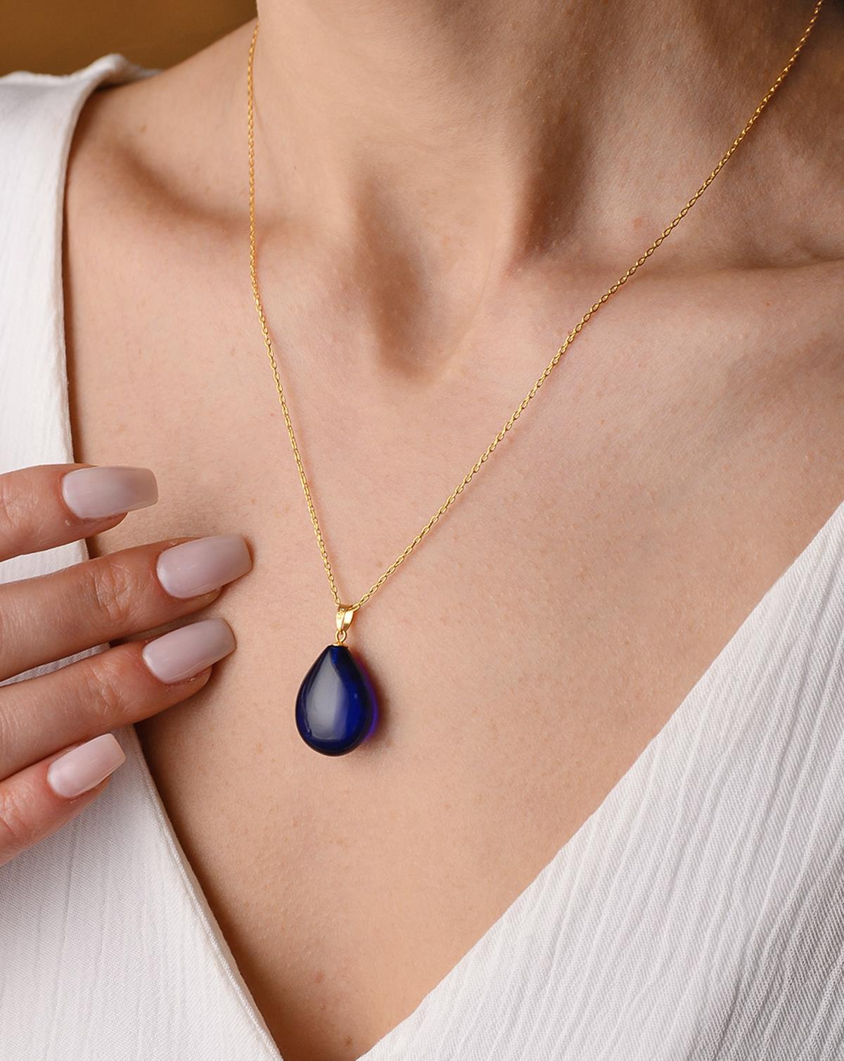 925 Ayar Gümüş Özel Seri Mavi Kehribar Kolye