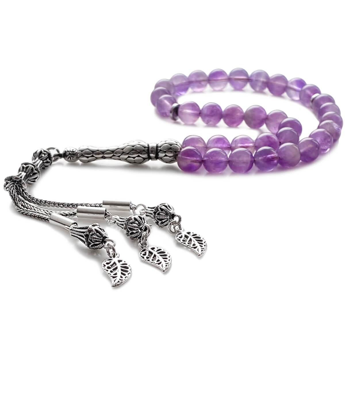 925 Ayar Gümüş Püsküllü Ametist Doğal Taş Tesbih