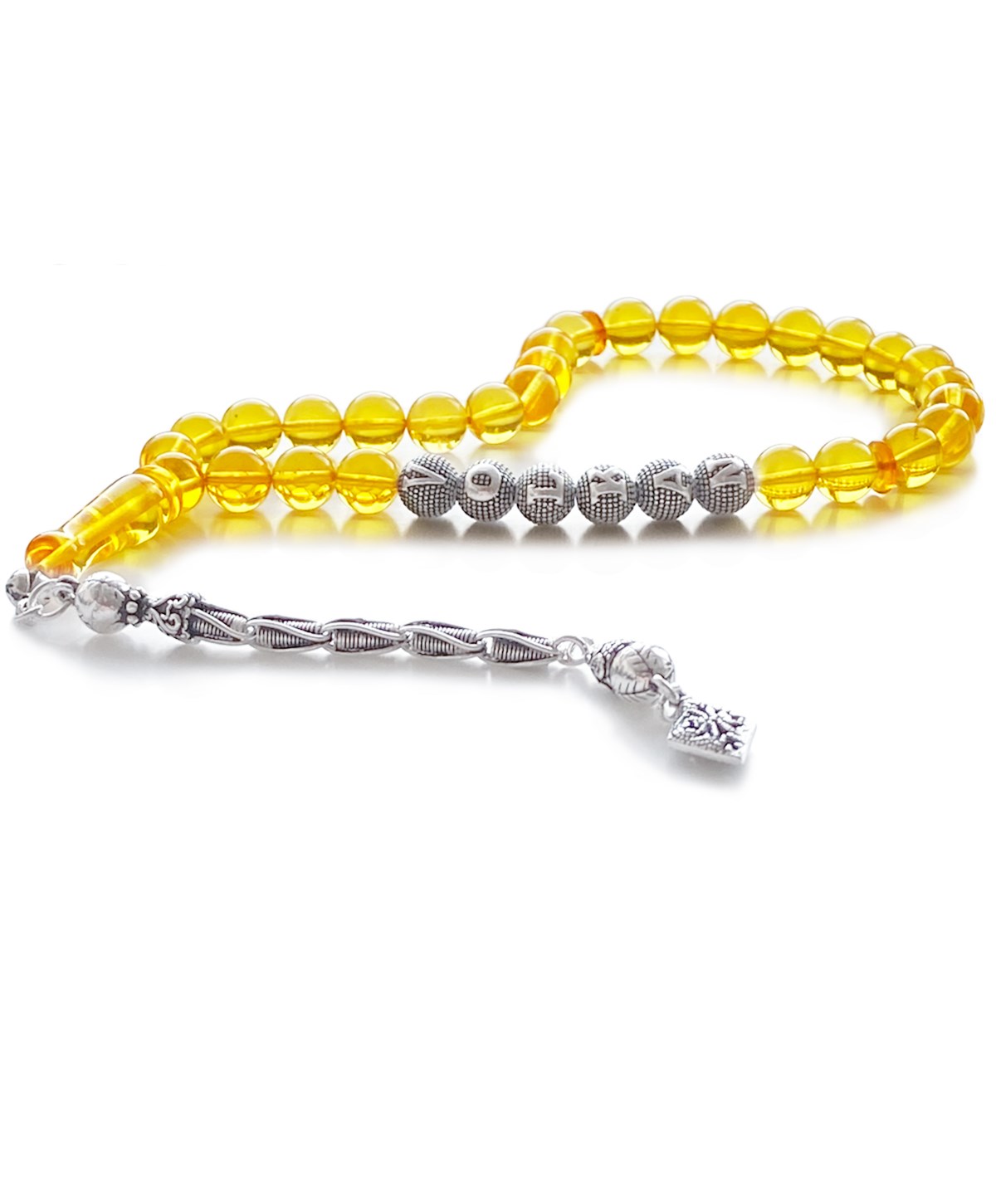 925 Ayar Gümüş İsimli Püsküllü Küre Kesim Baltık Limon Rengi Damla Kehribar Tesbih