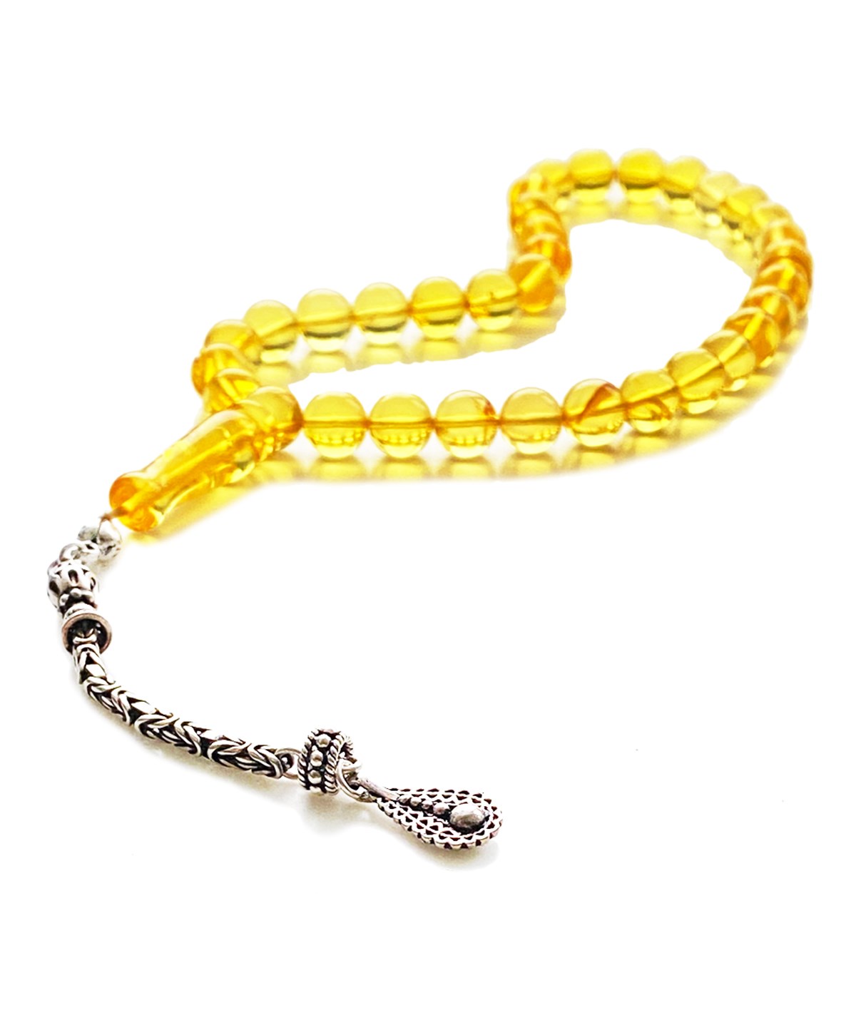 925 Ayar Gümüş Kazaz Püsküllü Baltık Limon Rengi Damla Kehribar Tesbih