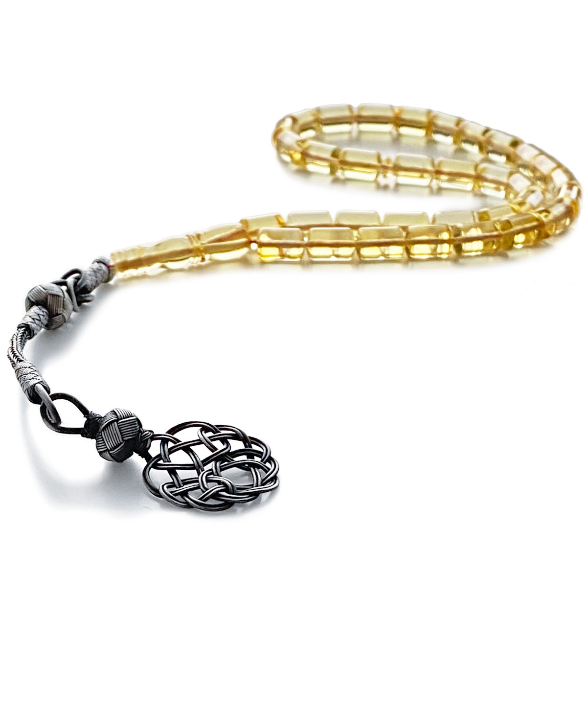 925 Ayar Gümüş Kazazi Püsküllü Silindir Kesim Limon Rengi Baltık Damla Kehribar Tesbih