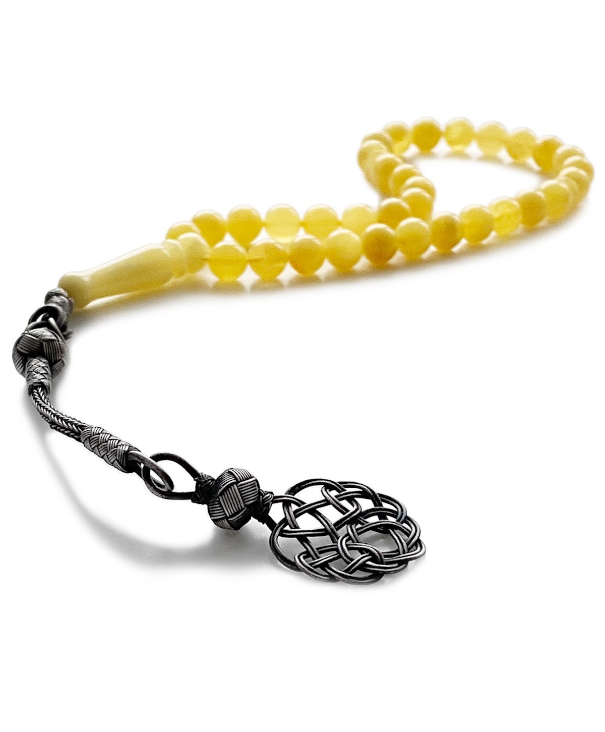 925 Ayar Gümüş Püsküllü Kazazi Küre Kesim Mat Sarı Baltık Damla Kehribar Tesbih