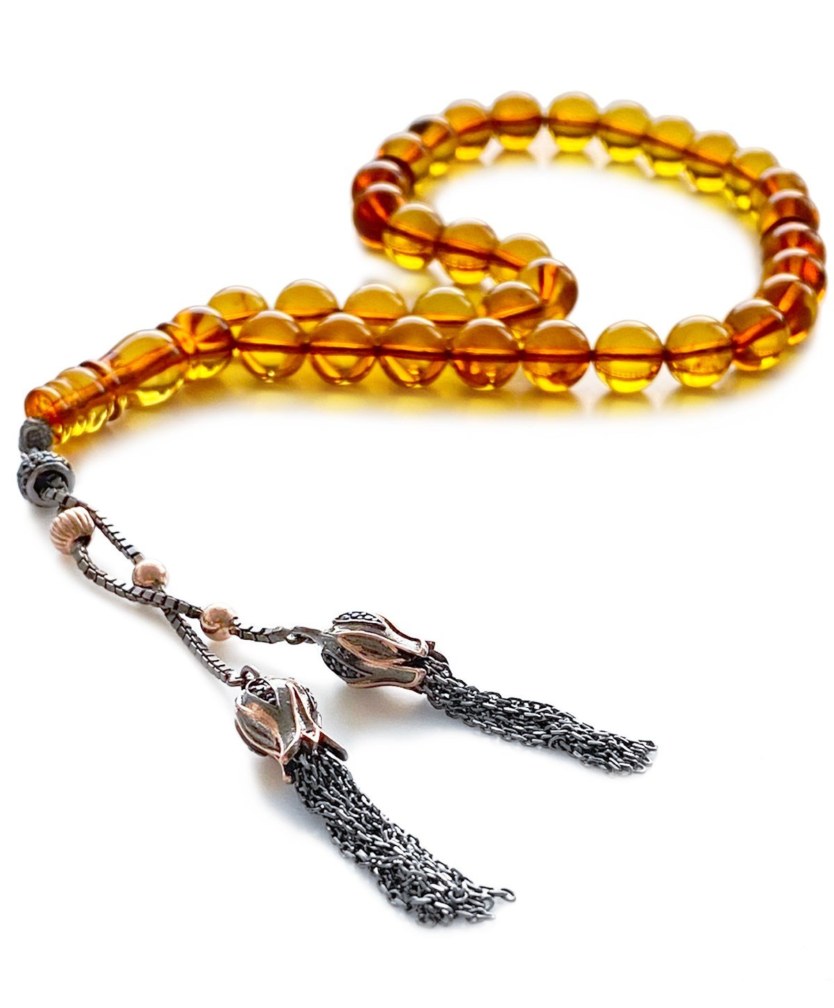 925 Ayar Gümüş Püsküllü Küre Kesim Baltık Karamel Rengi Damla Kehribar Tesbih