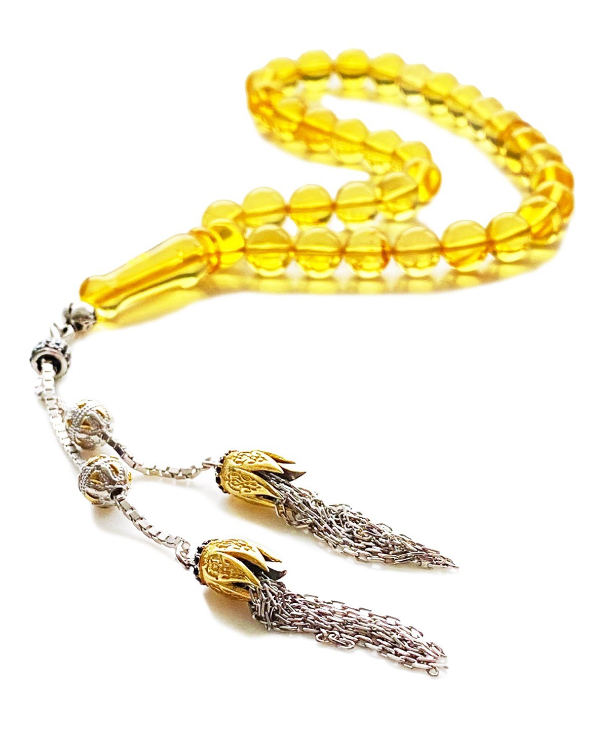 925 Ayar Gümüş Püsküllü Küre Kesim Baltık Limon Rengi Damla Kehribar Tesbih