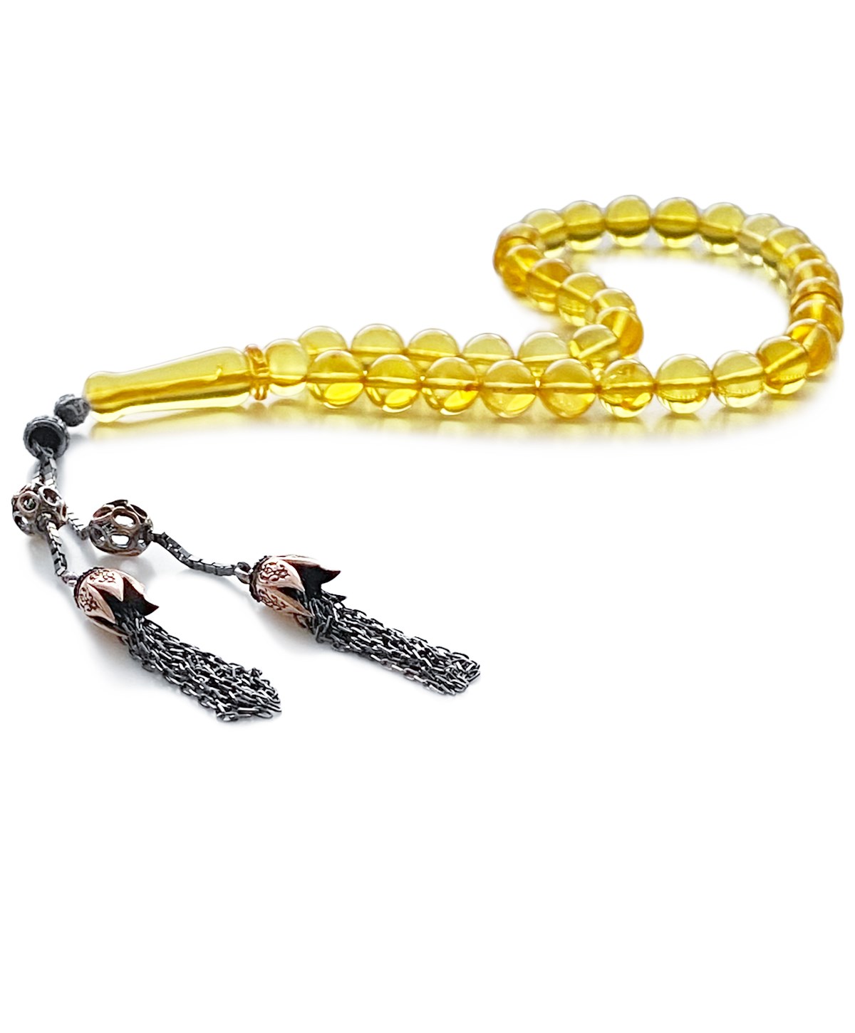 925 Ayar Gümüş Püsküllü Küre Kesim Baltık Limon Rengi Damla Kehribar Tesbih