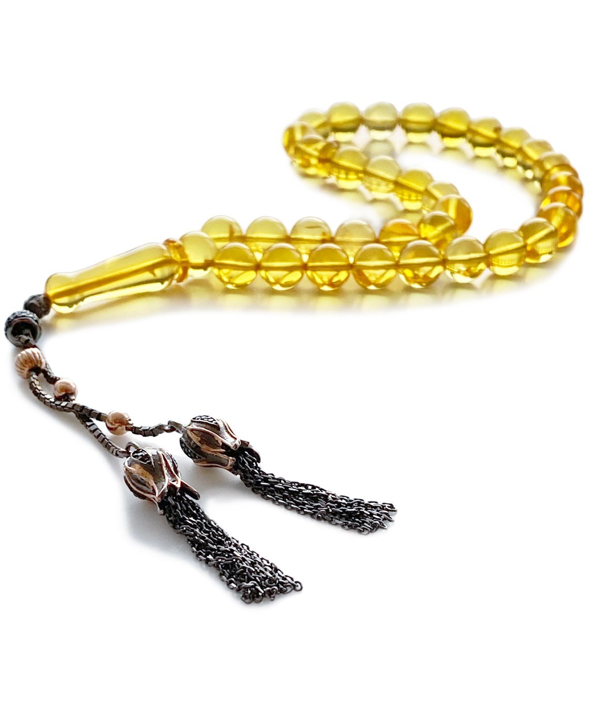 925 Ayar Gümüş Püsküllü Küre Kesim Baltık Limon Rengi Damla Kehribar Tesbih