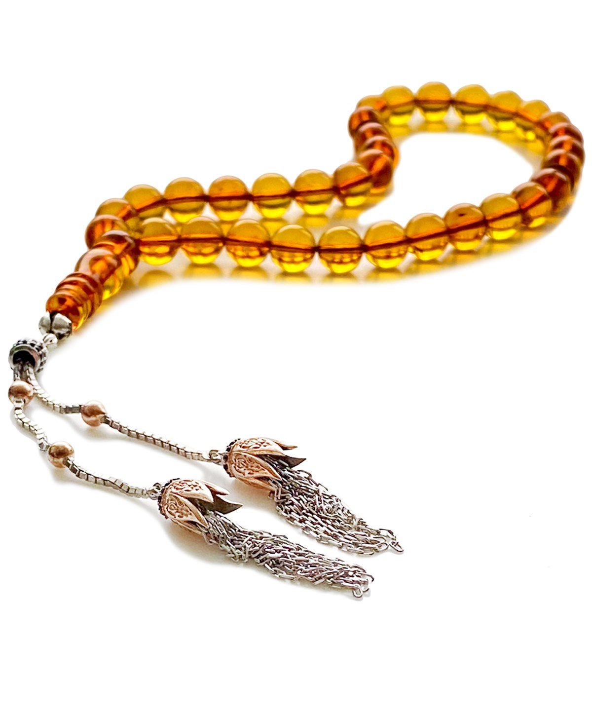 925 Ayar Gümüş Püsküllü Küre Kesim Baltık Karamel Rengi Damla Kehribar Tesbih