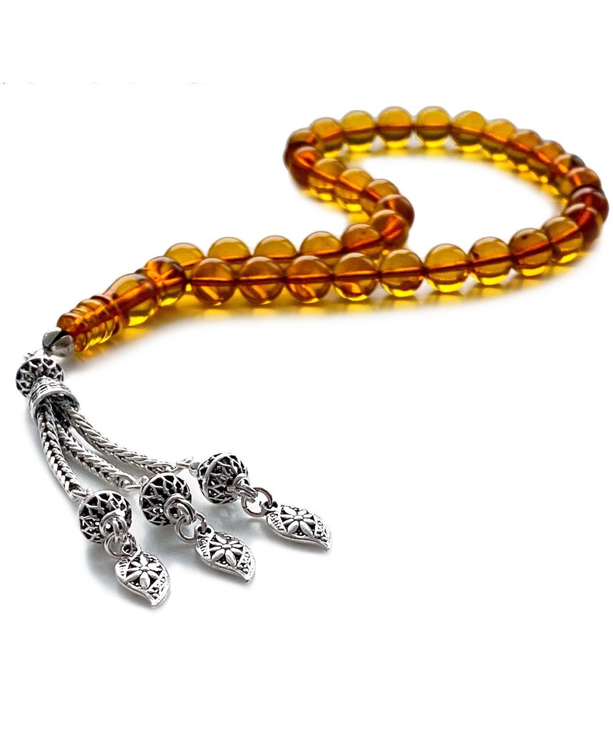 925 Ayar Gümüş Püsküllü Küre Kesim Baltık Karamel Rengi Damla Kehribar Tesbih