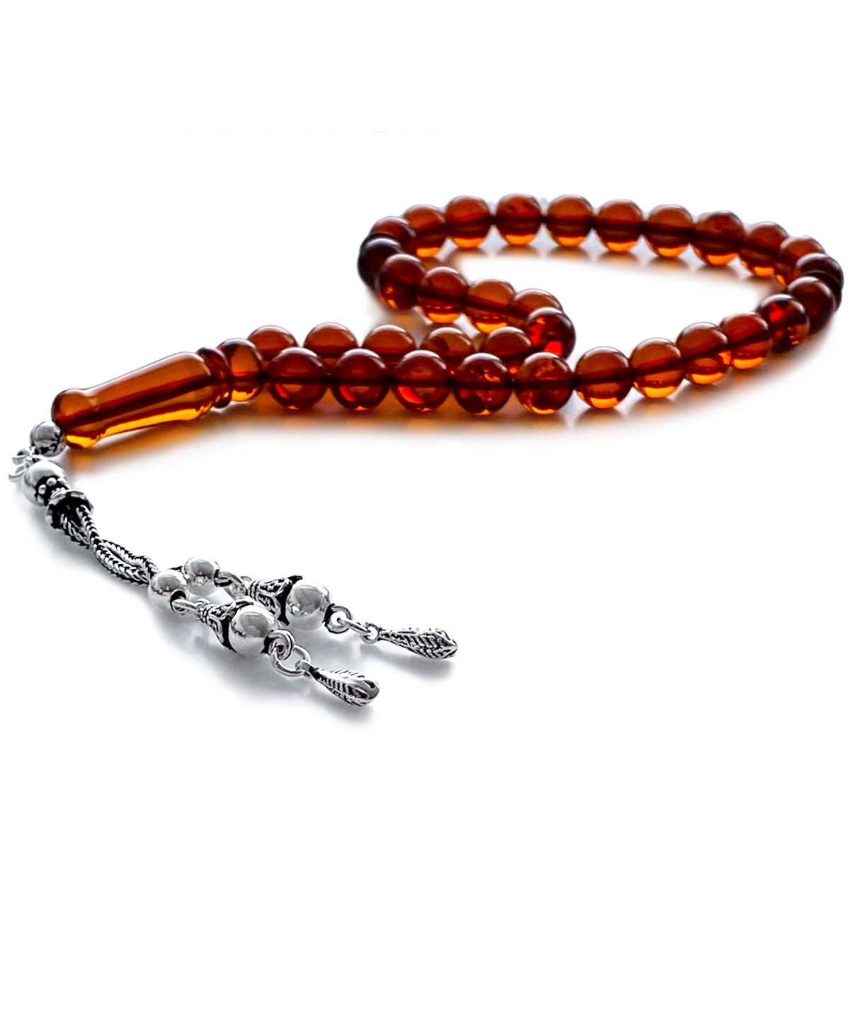 925 Ayar Gümüş Püsküllü Küre Kesim Baltık Vişne Rengi Damla Kehribar Tesbih