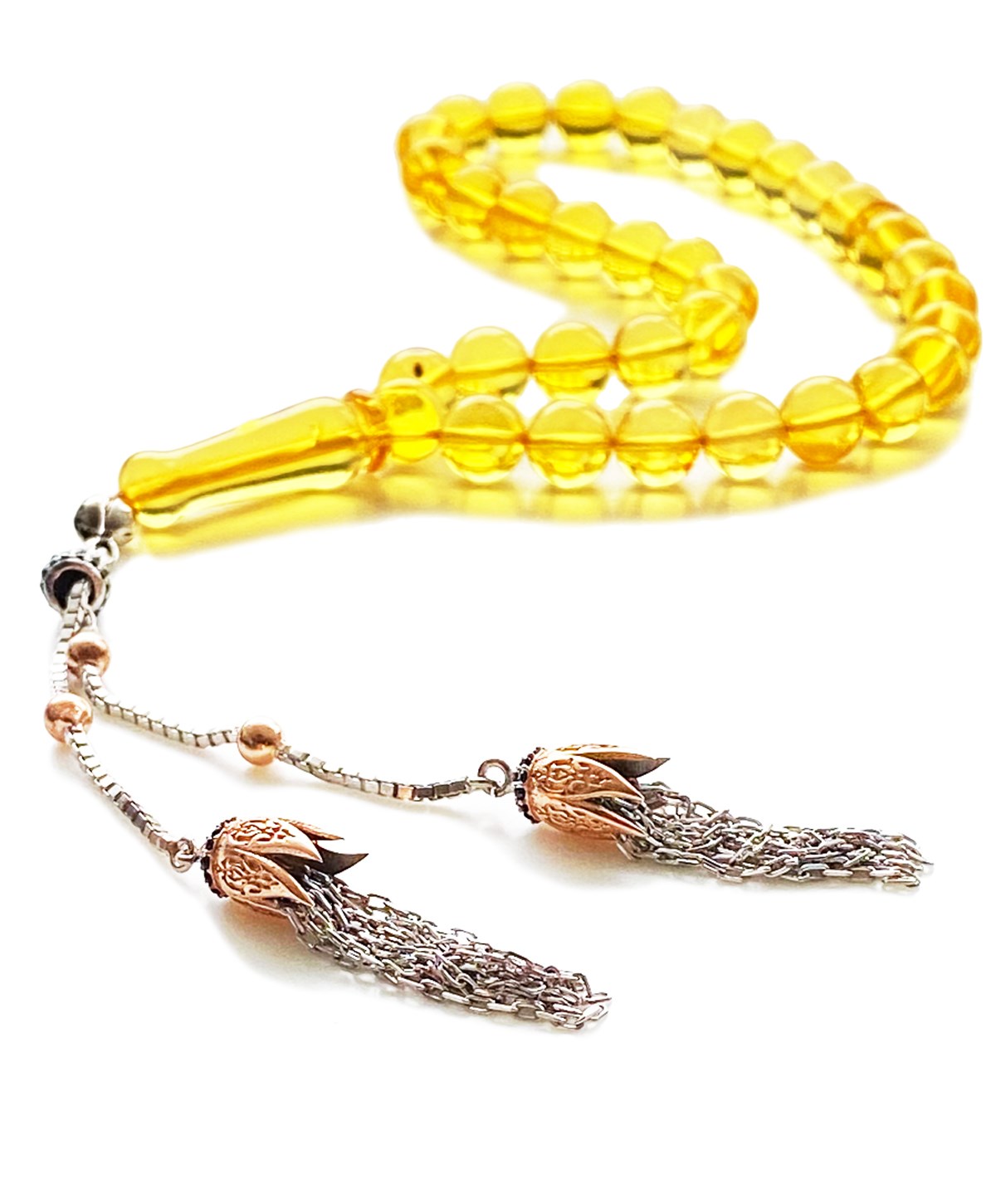 925 Ayar Gümüş Püsküllü Küre Kesim Baltık Limon Rengi Damla Kehribar Tesbih