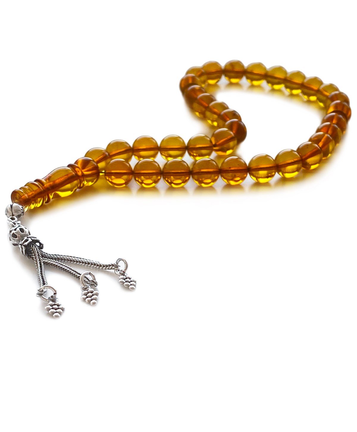 925 Ayar Gümüş Püsküllü Küre Kesim Baltık Karamel Rengi Damla Kehribar Tesbih