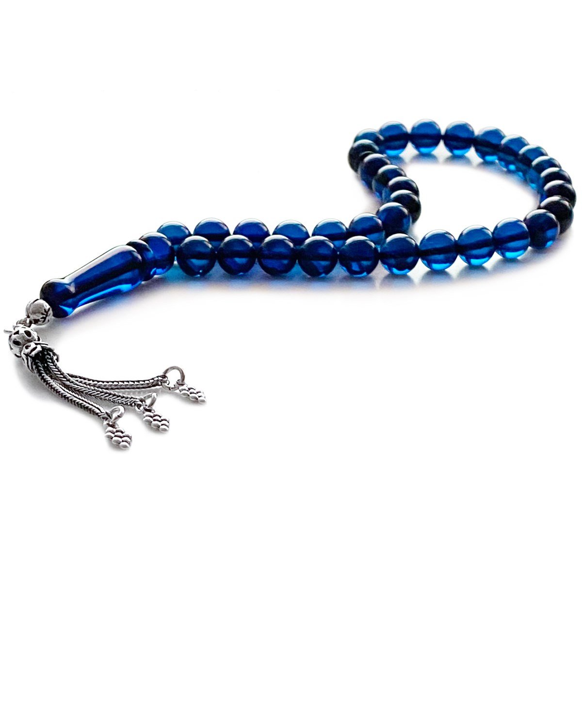 925 Ayar Gümüş Püsküllü Küre Kesim Dominik Mavi Damla Kehribar Tesbih