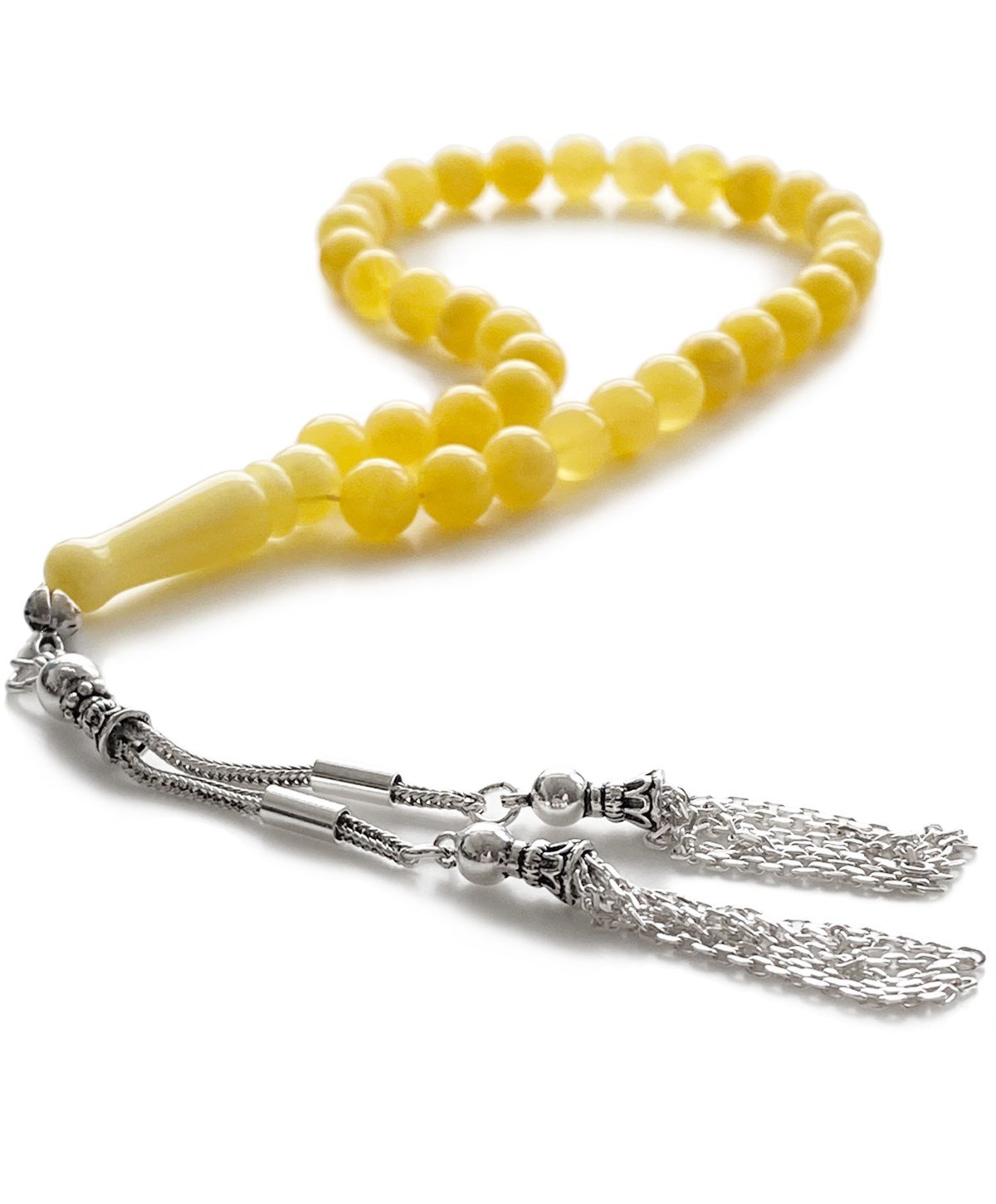 925 Ayar Gümüş Püsküllü Küre Kesim Mat Sarı Baltık Damla Kehribar Tesbih