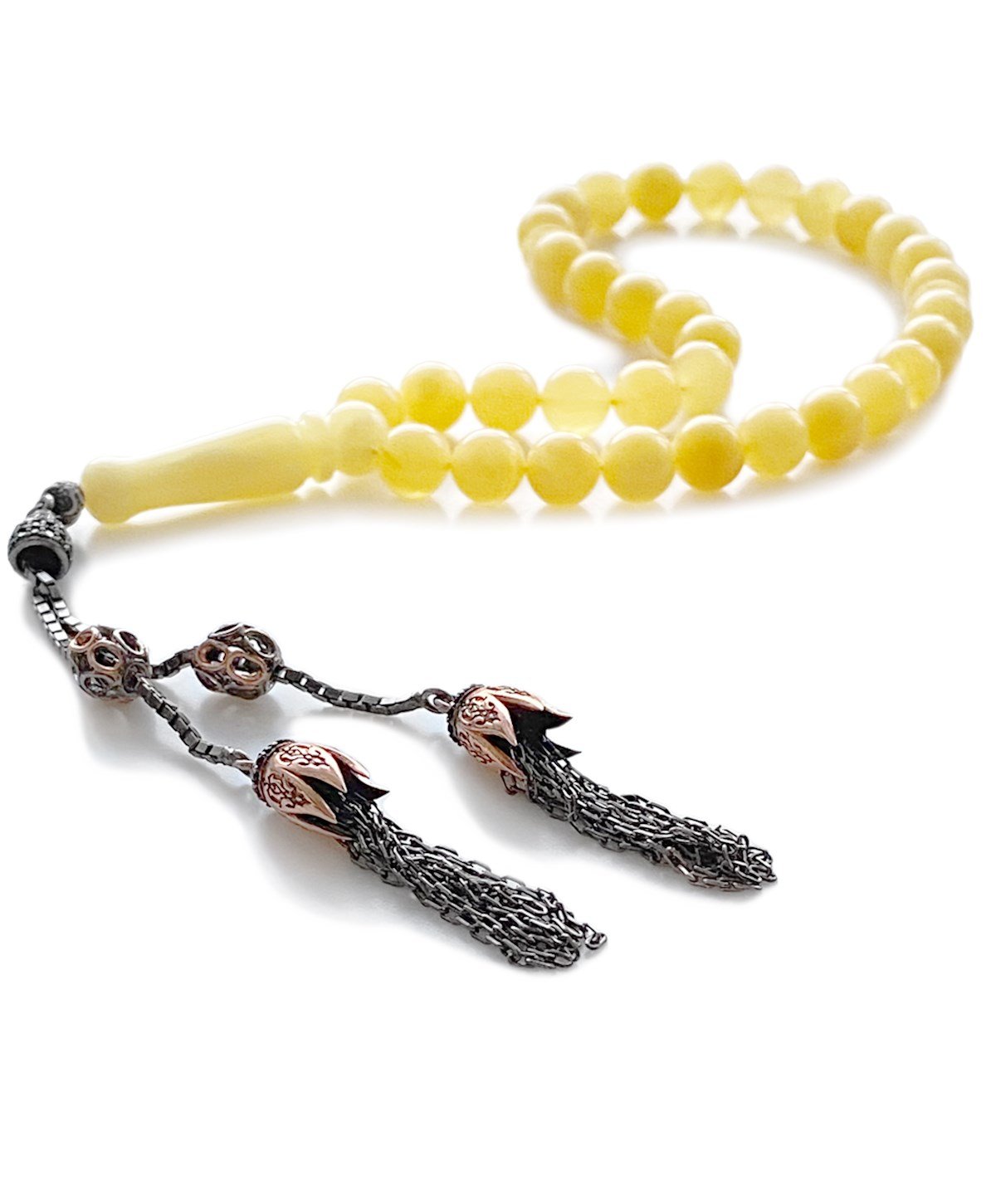 925 Ayar Gümüş Püsküllü Küre Kesim Mat Sarı Baltık Damla Kehribar Tesbih