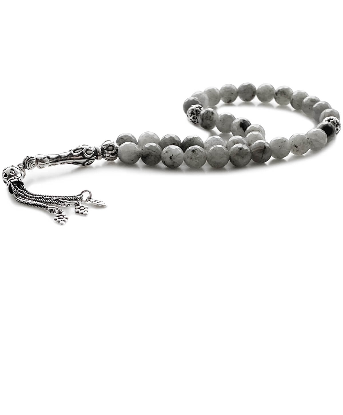 925 Ayar Gümüş Püsküllü Labradorit Doğal Taş Tesbih