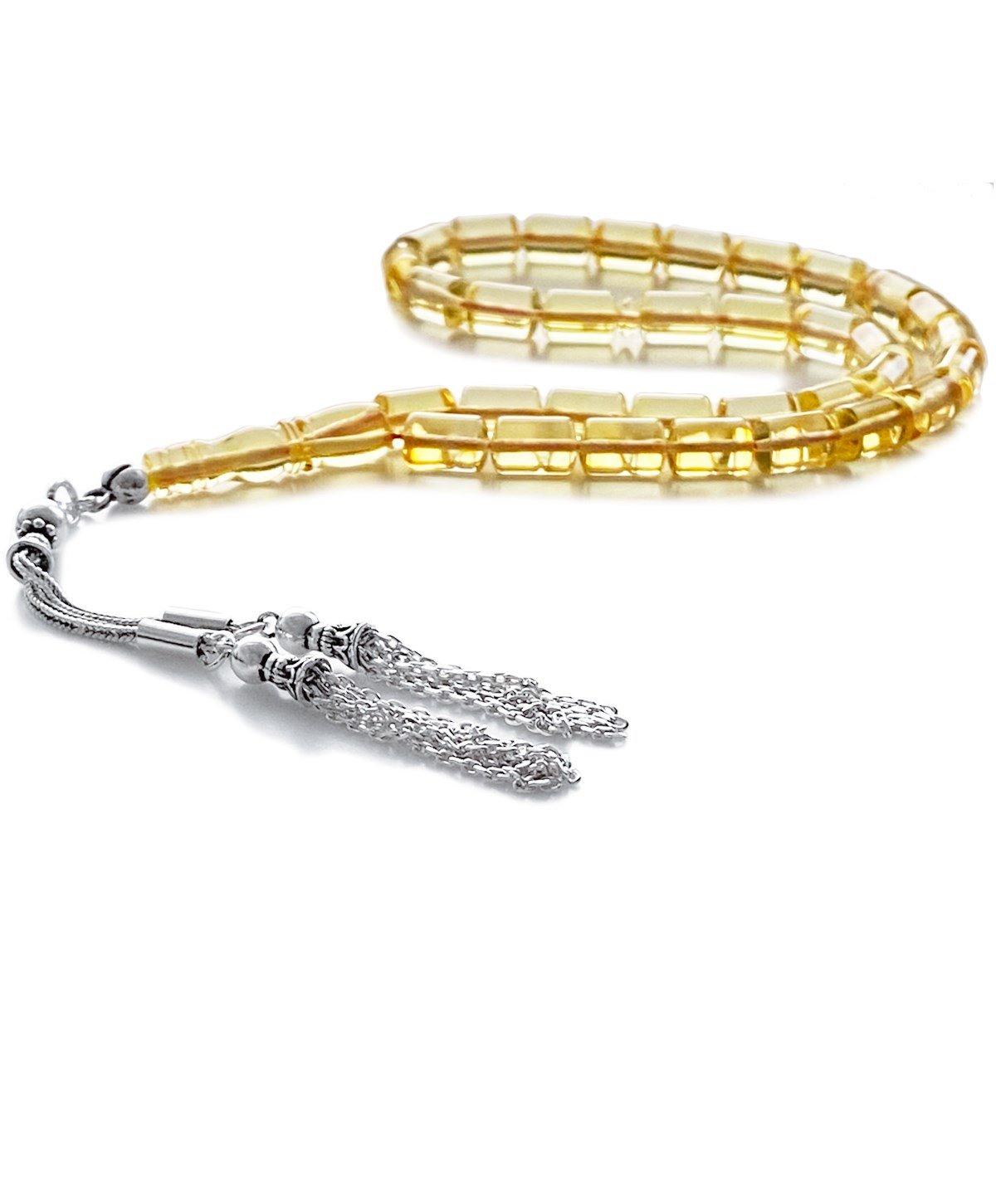 925 Ayar Gümüş Püsküllü Silindir Kesim Limon Rengi Baltık Damla Kehribar Tesbih