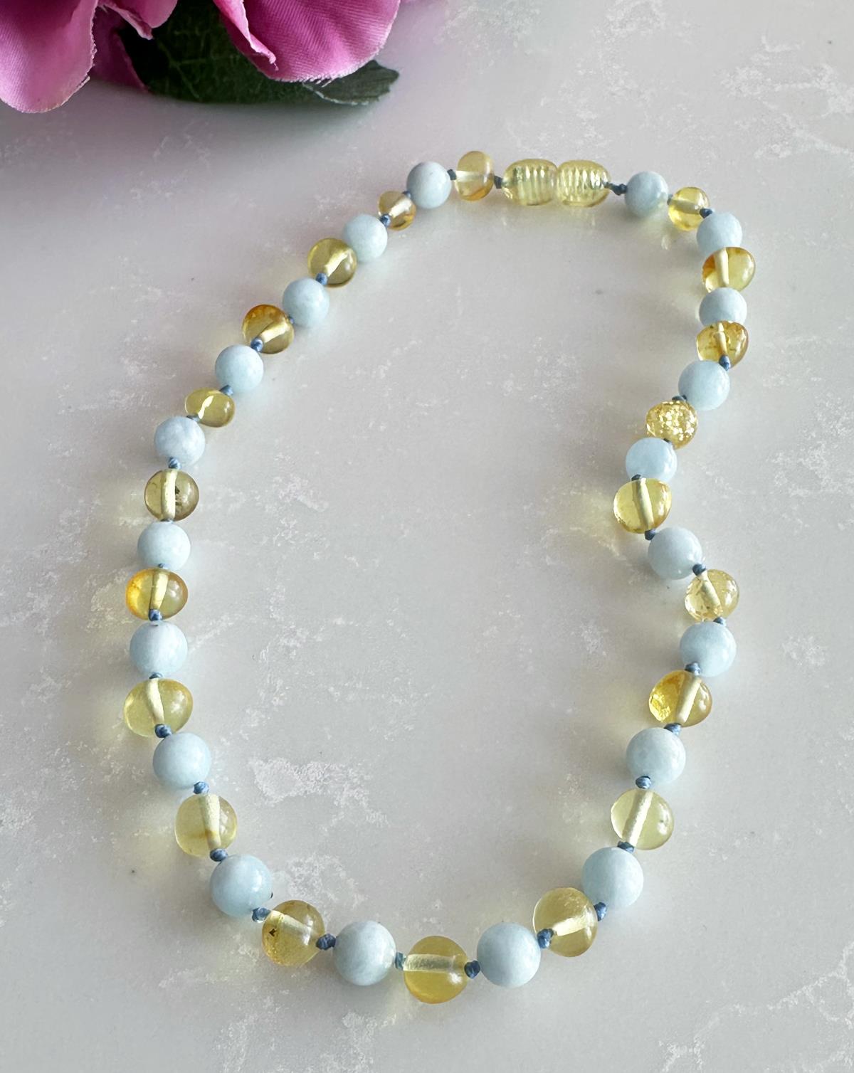 Akuamarin Taşlı Limon Rengi Kehribar Kolye