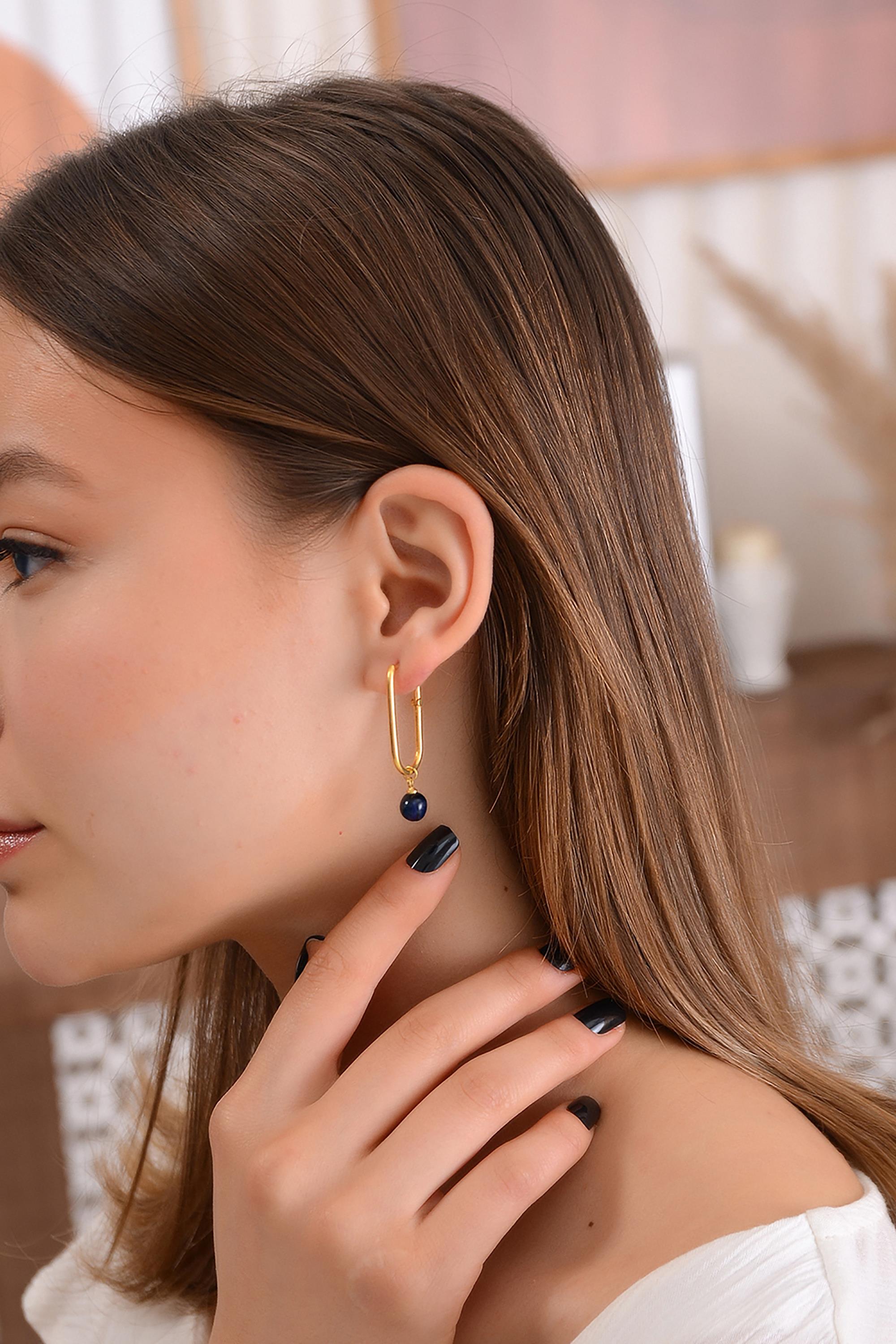 Altın Kaplama 925 Ayar Gümüş Mavi Kehribar Küpe