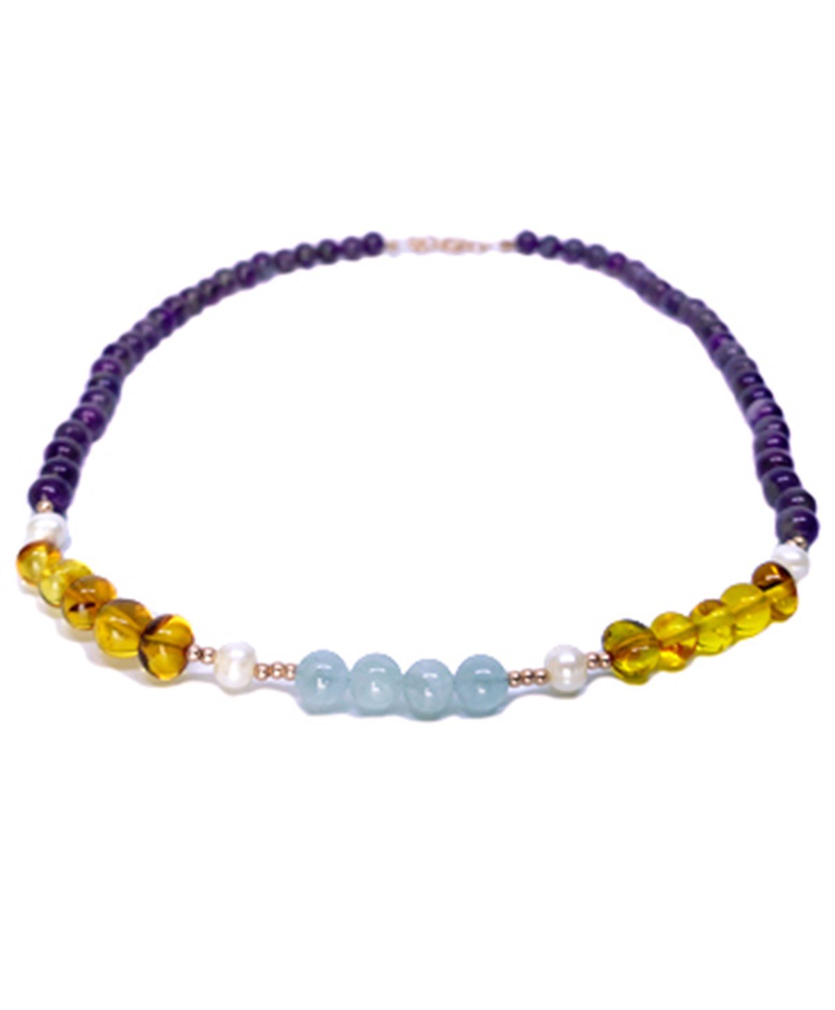 Ametist İnci Taşlı Gümüş Zincirli Bal Rengi Kehribar Kolye