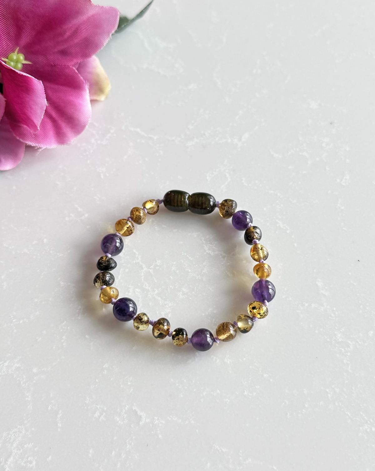 Ametist Taşlı Koyu Yeşil Kehribar Bileklik