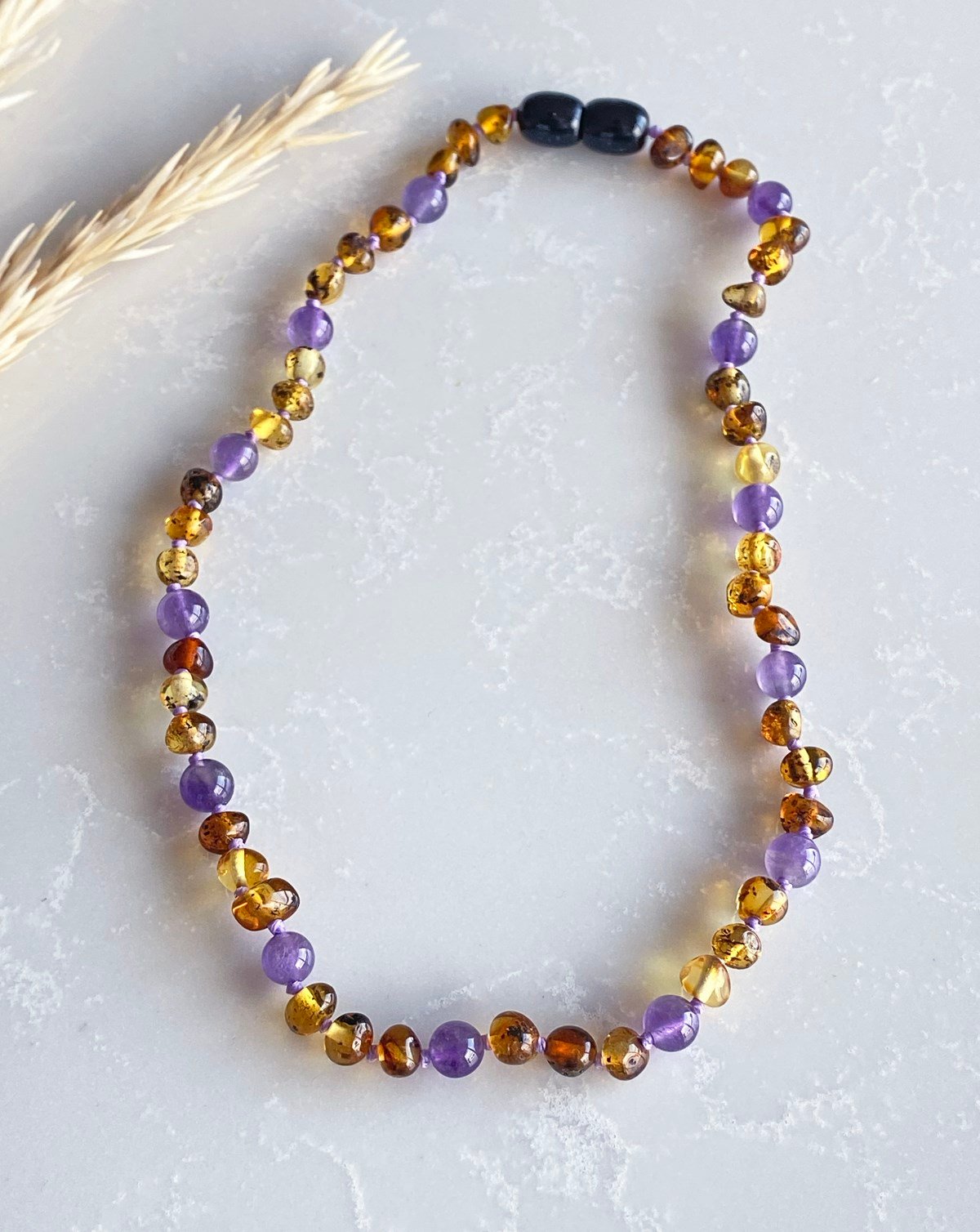 Ametist Taşlı Koyu Yeşil Kehribar Kolye