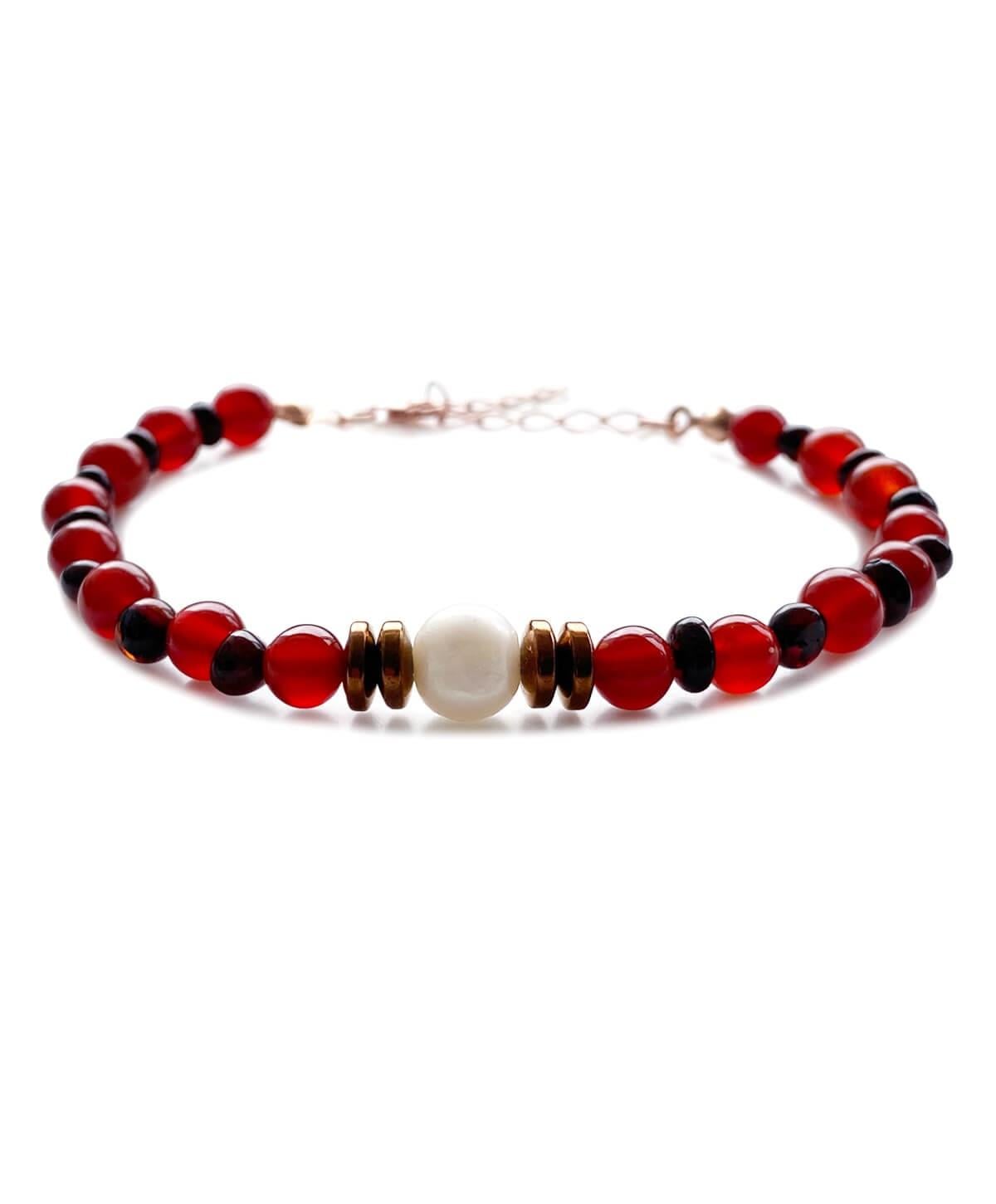 İnci Kırmızı Akik Hematit Taşlı Vişne Rengi Kehribar Bileklik