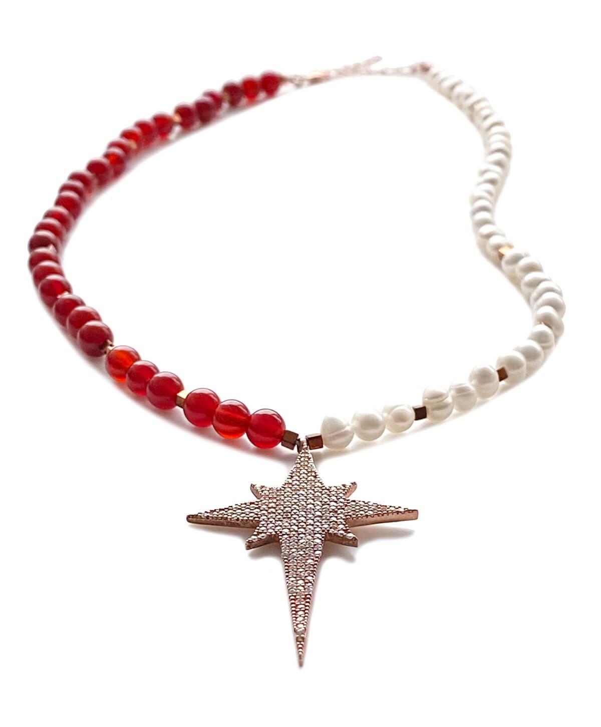 İnci Kırmızı Akik Taşlı Yıldız Gümüş Kolye