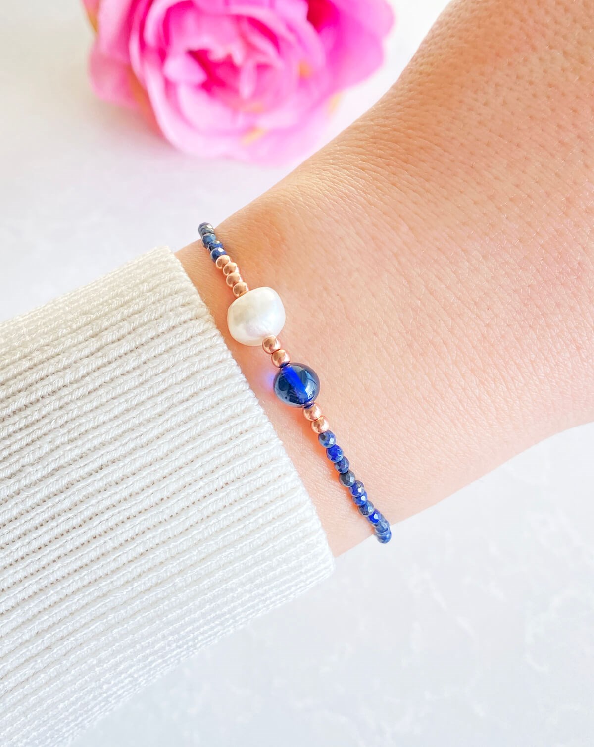 İnci Lapis Taşlı Mavi Kehribar Bileklik