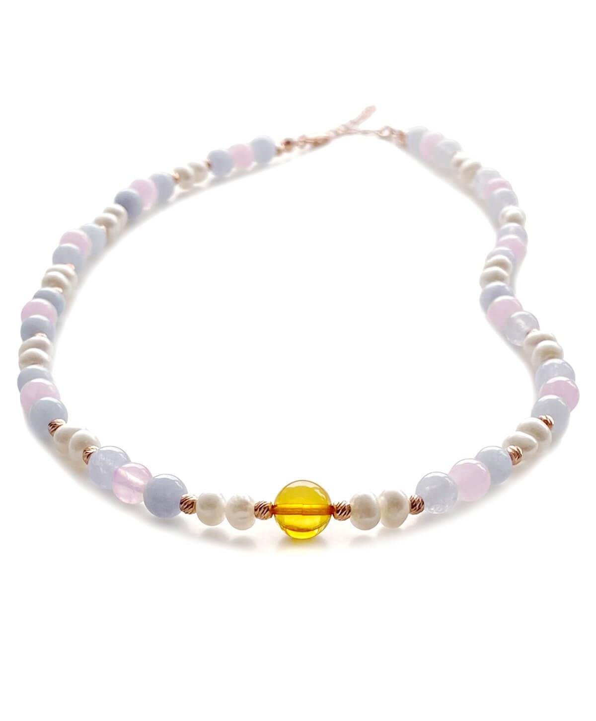 İnci Pembe Quartz Akuamarin Taşlı Bal Rengi Kehribar Kolye
