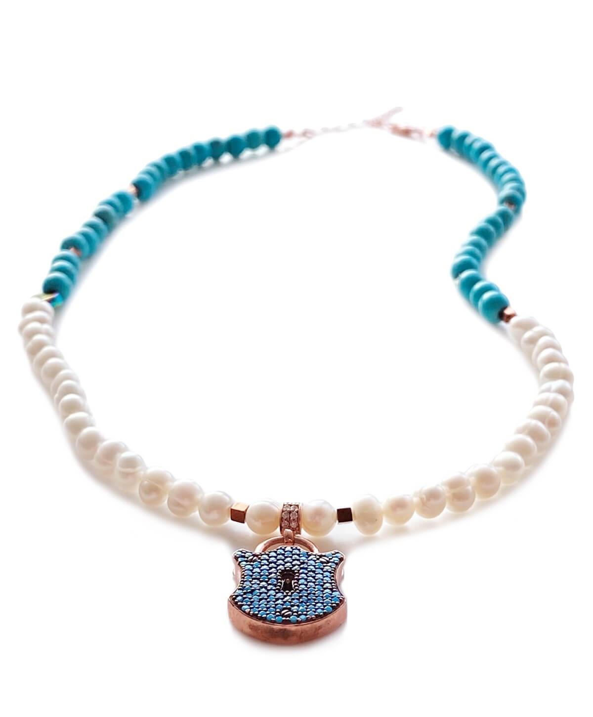 İnci Turkuaz Hematit Taşlı Kilit Gümüş Kolye