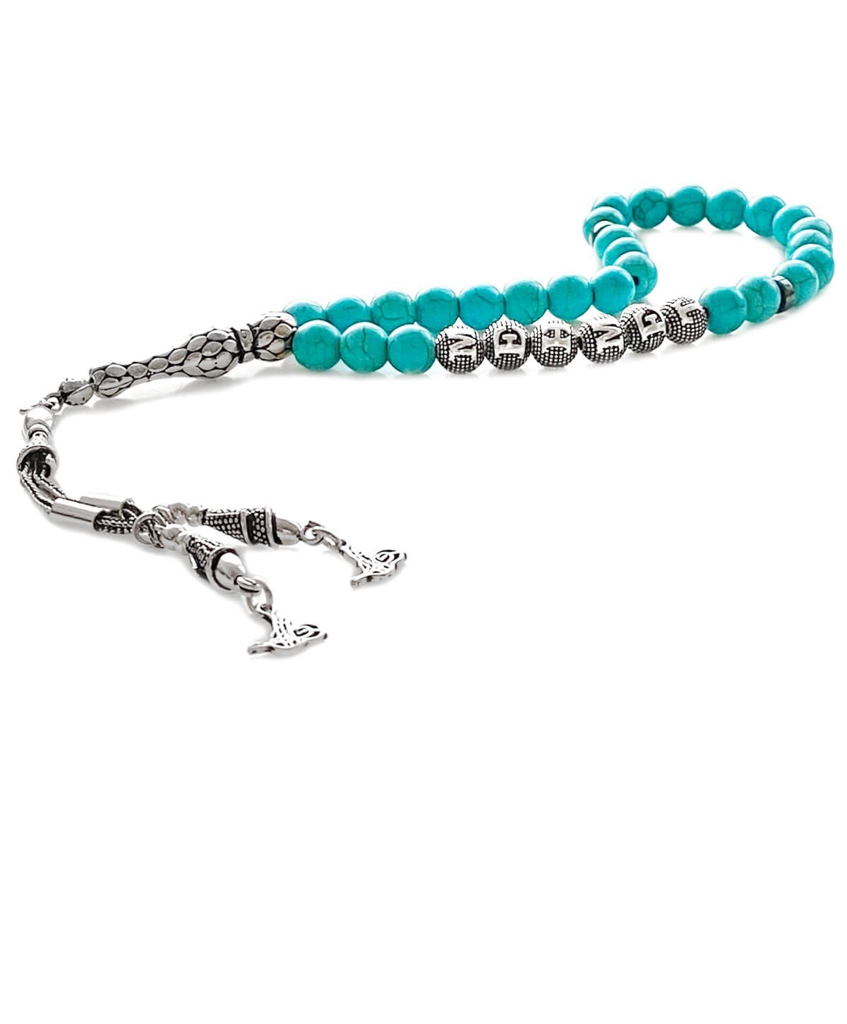 İsimli 925 Ayar Gümüş Püsküllü Turkuaz Doğal Taş Tesbih