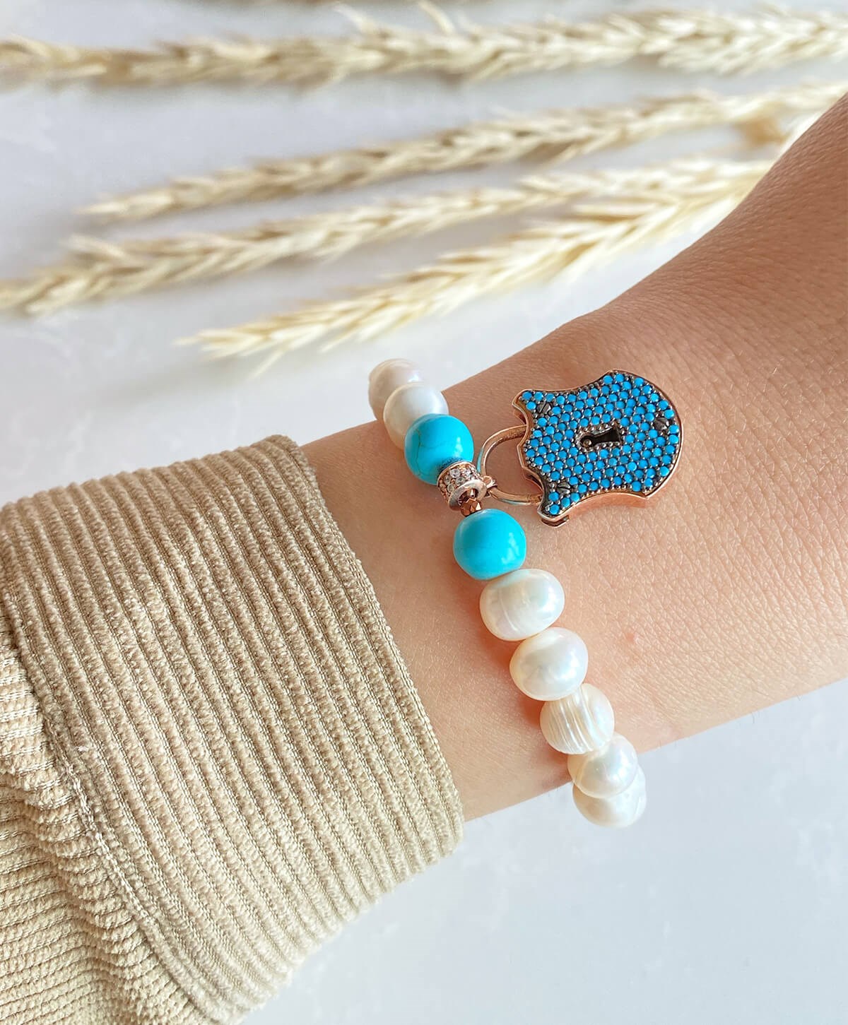 İnci Turkuaz Taşlı Kilit Gümüş Doğal Taşlı Bileklik