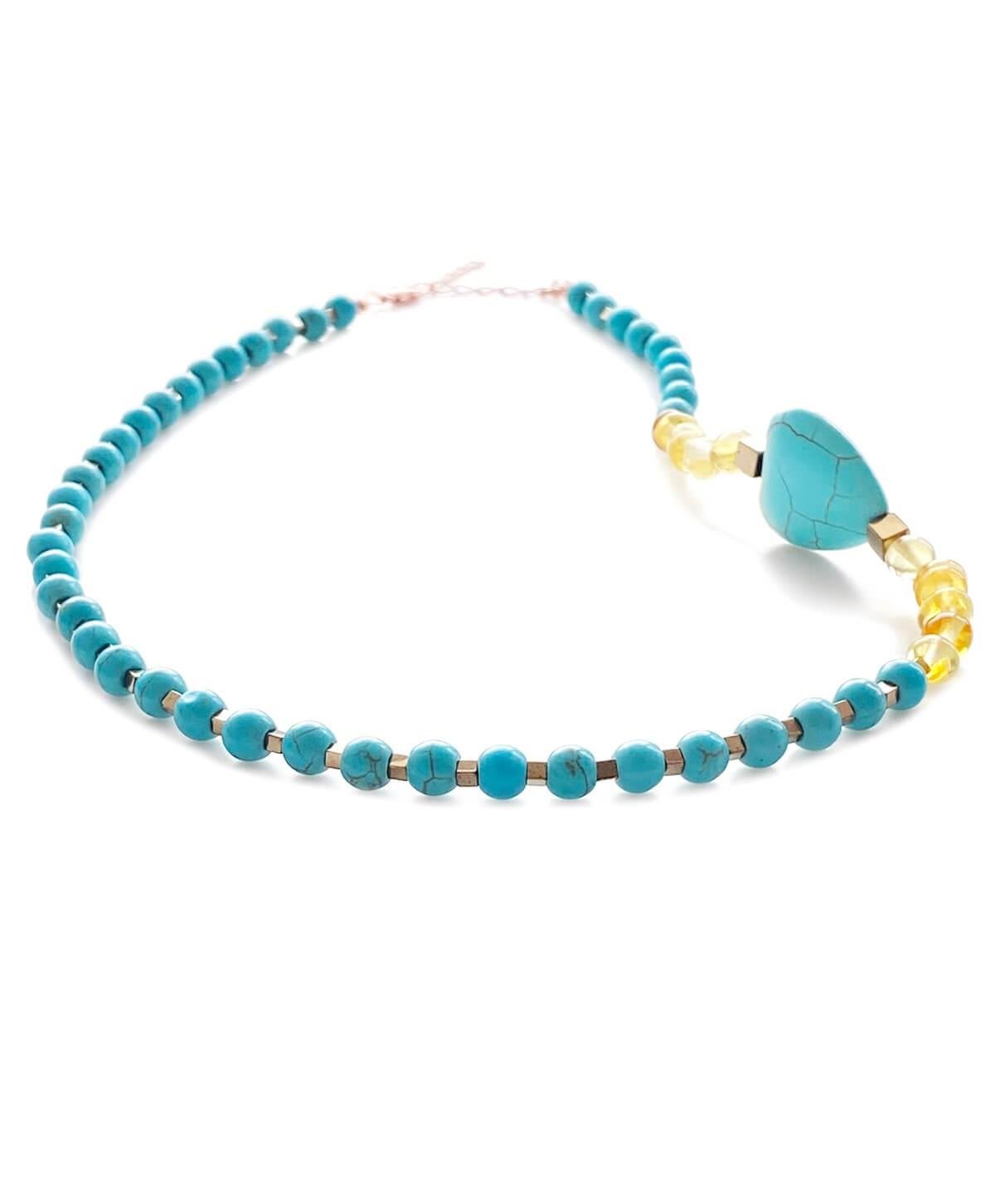 Kalp Turkuaz Taşlı Limon Rengi Kehribar Kolye