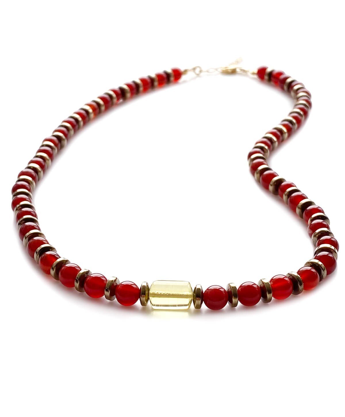 Kırmızı Akik Hematit Taşlı Limon Rengi Kehribar Kolye