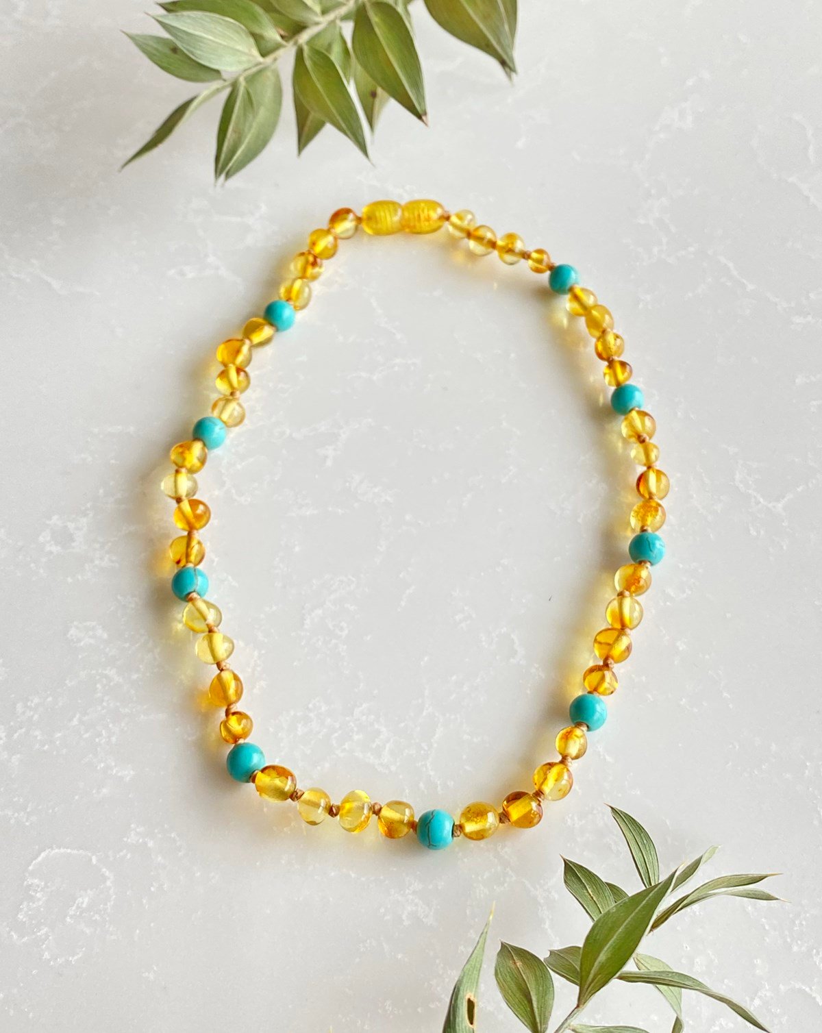 Turkuaz Taşlı Bal Rengi Kehribar Kolye