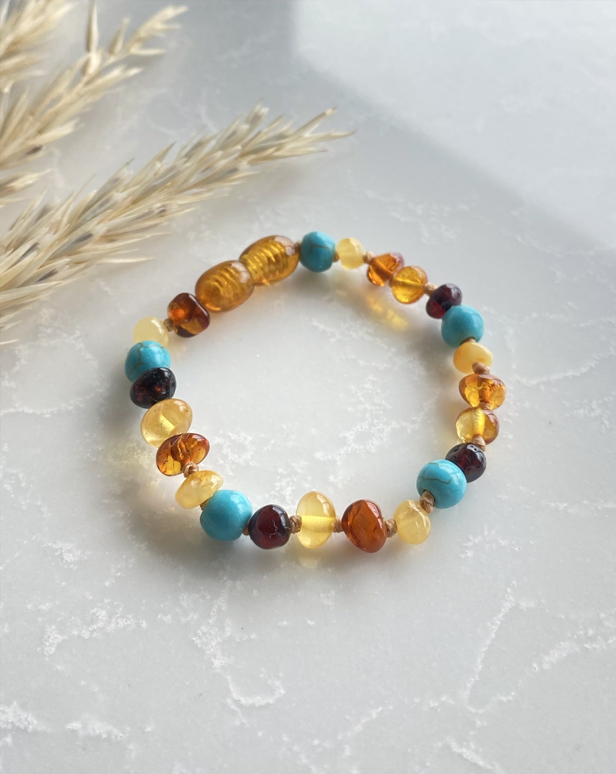 Turkuaz Taşlı Çok Renkli Kehribar Bileklik