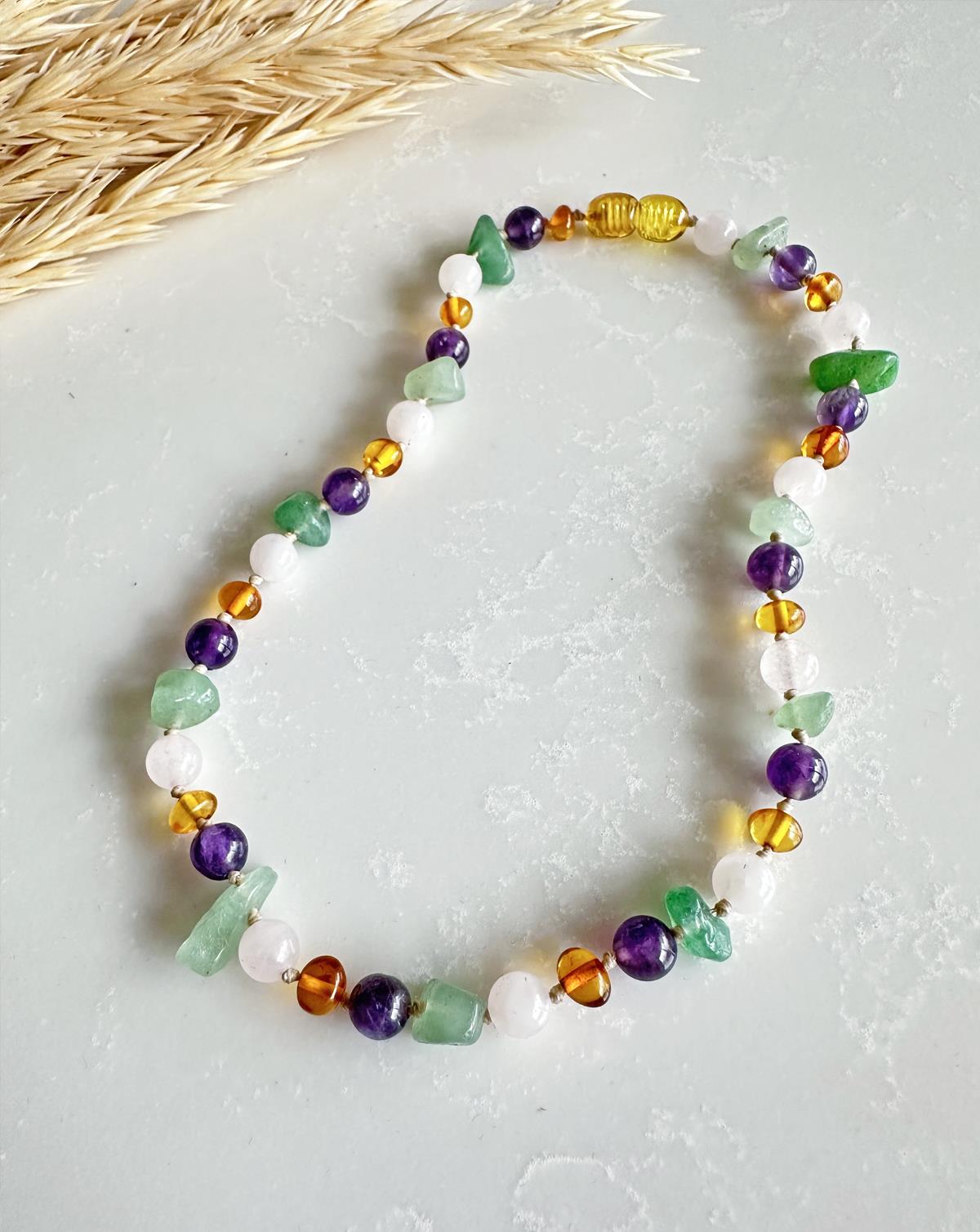 Yeni Ametist Quartz Aventurin Taşlı Bal Rengi Kehribar Kolye