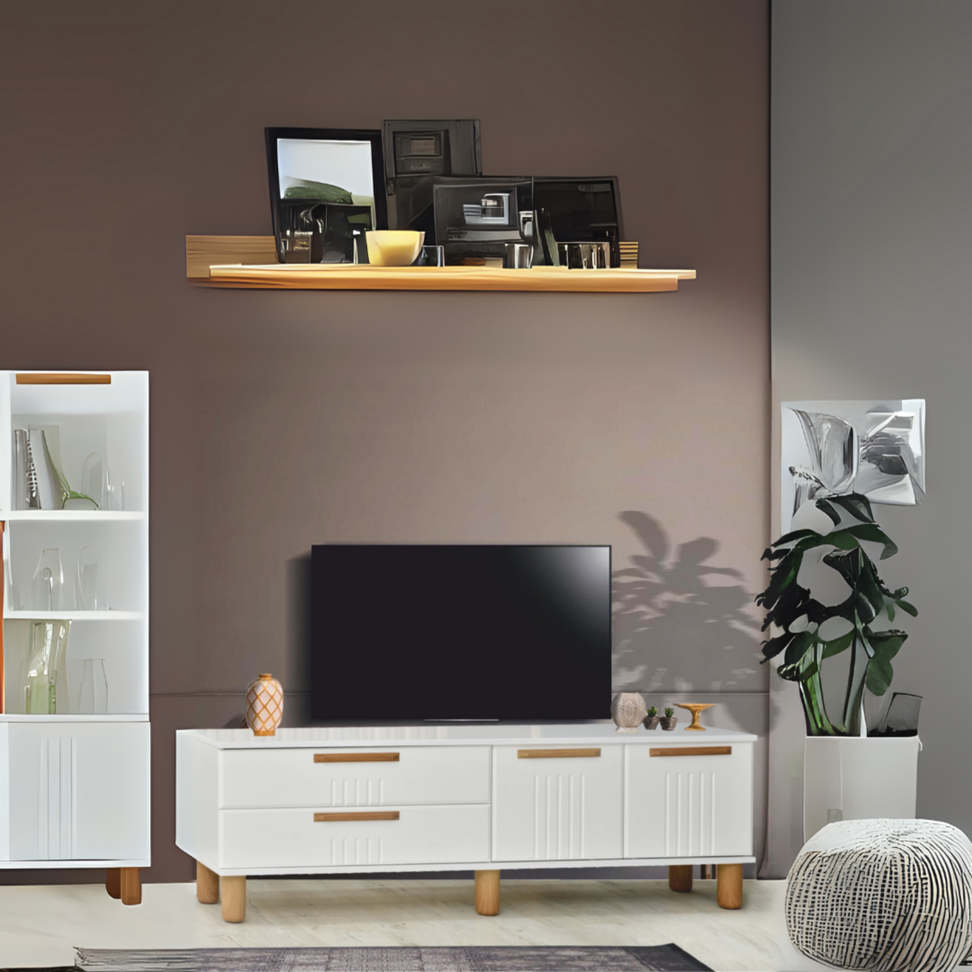 Dia Tv Sehpası 2 Kapaklı Ve 2 Çekmeceli Tasarım Beyaz Krem Detaylı- 160x35x52 Cm