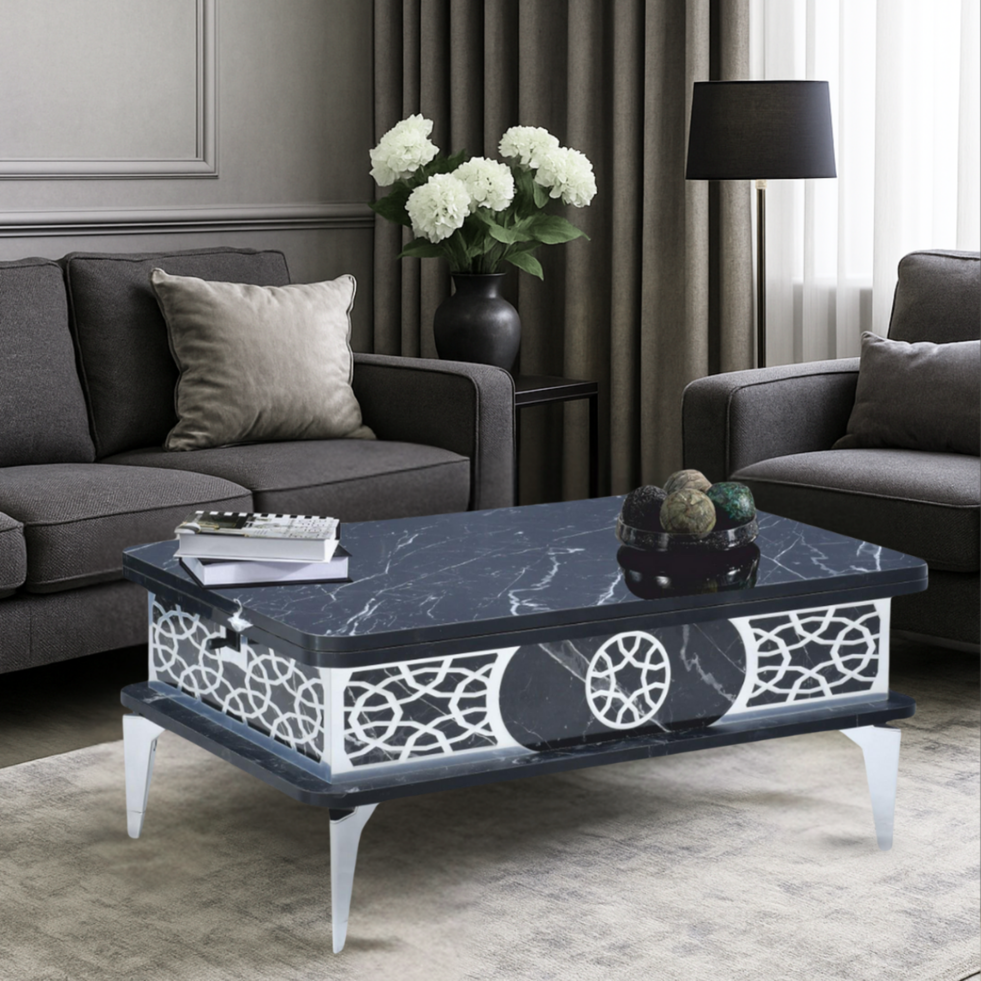 Lily Akıllı Sehpa Siyah Mermer Gümüş Desenli Çift Kademe Açılır Fonksiyonel Masa 90x60 Cm