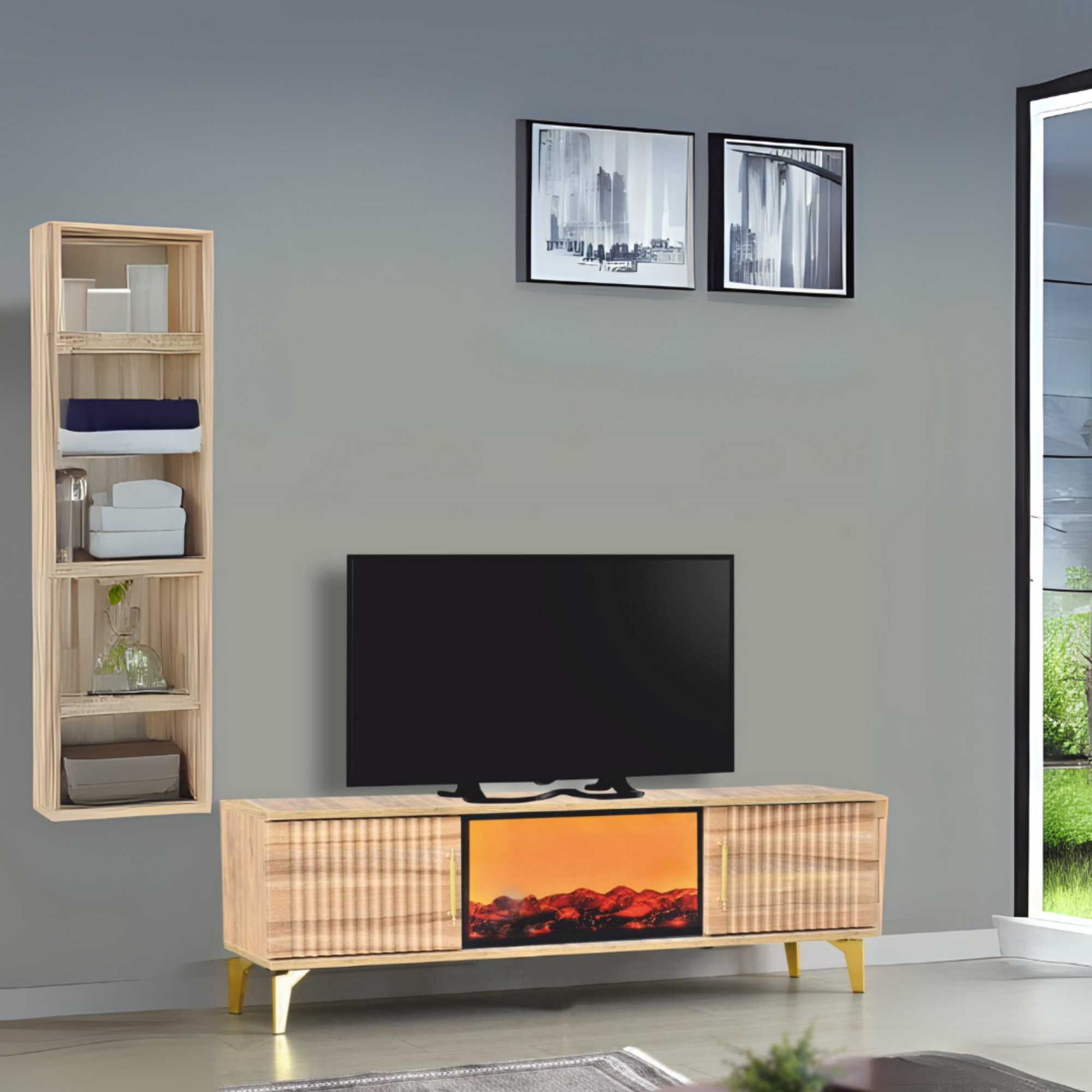 Rüya Dekoratif Şömineli TV Sehpası Atlantik Çam Gold Kulplu 2 Kapaklı Alev Efektli 150x50x36 Cm