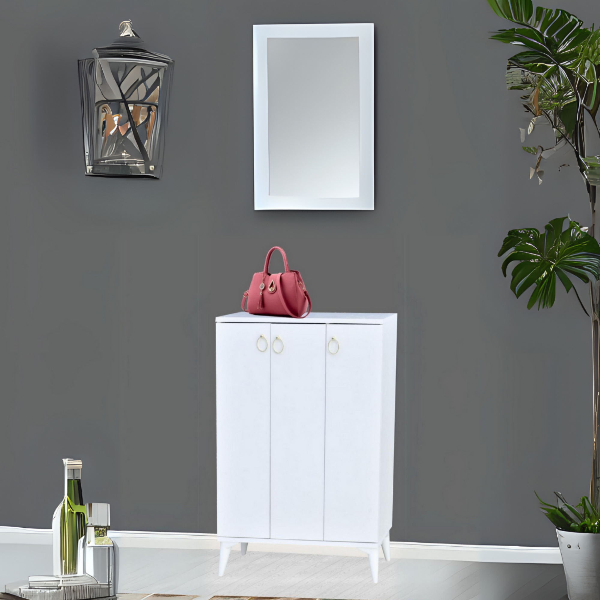 Sinbo Ayakkabılık Beyaz 3 Kapaklı Raflı Yüksek Ayaklı Ayakkabı Dolabı 90x34x105 Cm