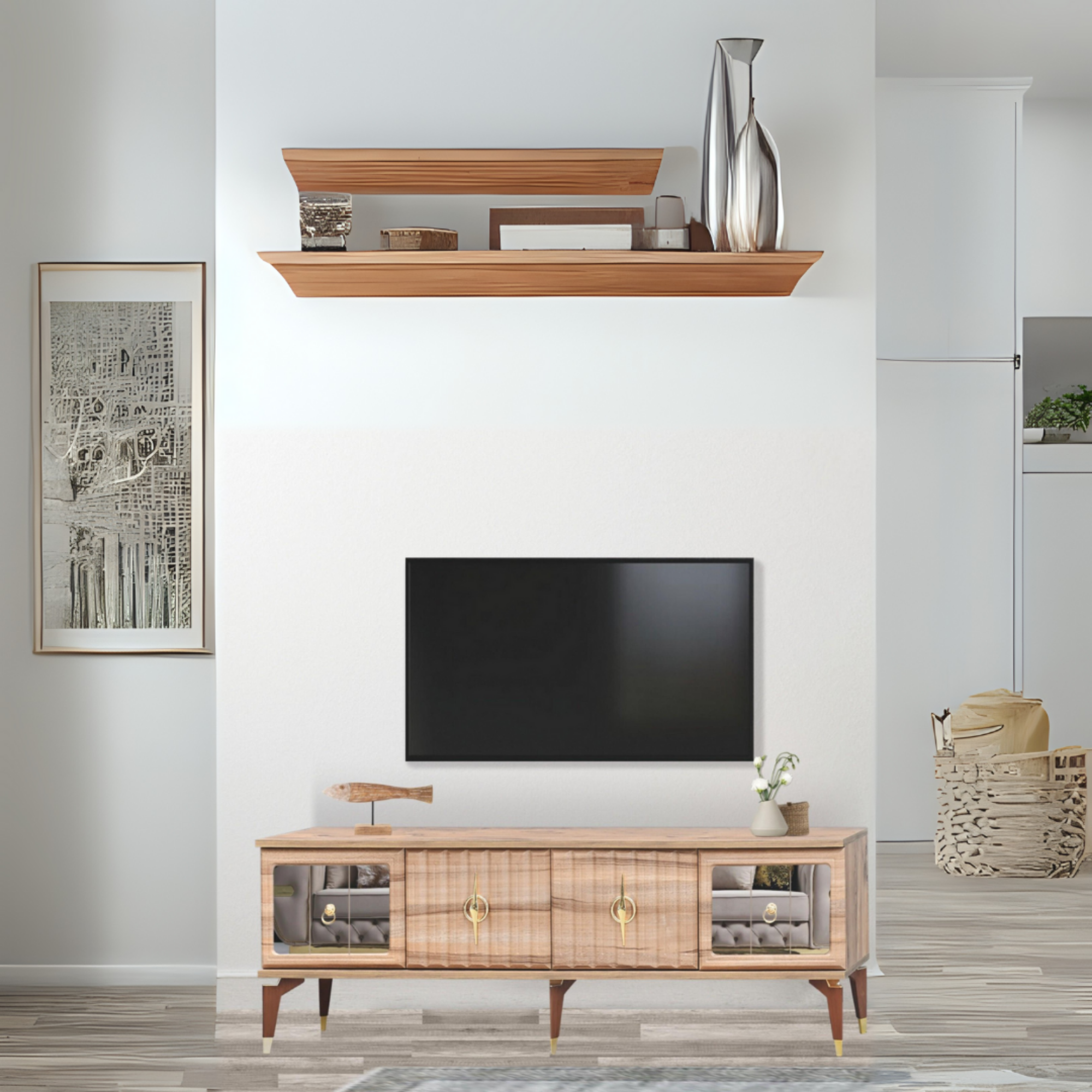 Tuna Tv Sehpası Atlantik Çam 4 Kapaklı Ayna Detaylı Altın Kulplu 160x52x36 Cm